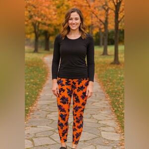 Lularoe High Rise Leggings 26” One Size Orange Fall Leaves Purple Teal Black